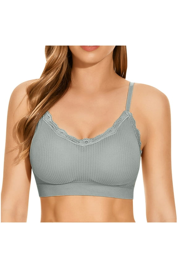 Women Lace Trim V Neck Padded Bralette Cami Bra Spaghetti Strap Ribbed Knit Wireless Tank Top Bra Sports Bra(Gray,One Size)