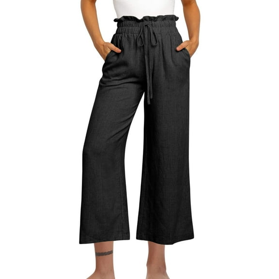 RYRJJ Women Linen Pants Casual Loose High Waist Boho Wide Leg Cropped Palazzo Beach Pants Summer Drawstring Capri Trousers(Black,L)