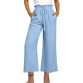 thumbnail image 1 of RYRJJ Women Linen Pants Casual Loose High Waist Boho Wide Leg Cropped Palazzo Beach Pants Summer Drawstring Capri Trousers(Light Blue,L), 1 of 3