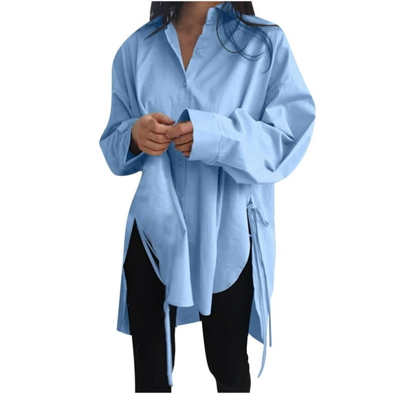 RYRJJ Women Long Sleeve Boyfriend Button Down Shirts Asymmetrical Casual Side Lace-Up Oversized Tunic Tops V-Neck Collared Blouse Blue M