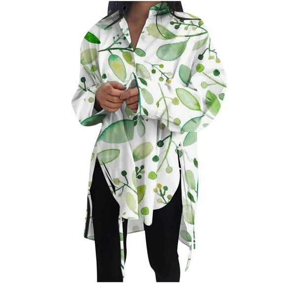 RYRJJ Women Long Sleeve Boyfriend Button Down Shirts Asymmetrical Casual Side Lace-Up Oversized Tunic Tops V-Neck Collared Blouse Green 3XL