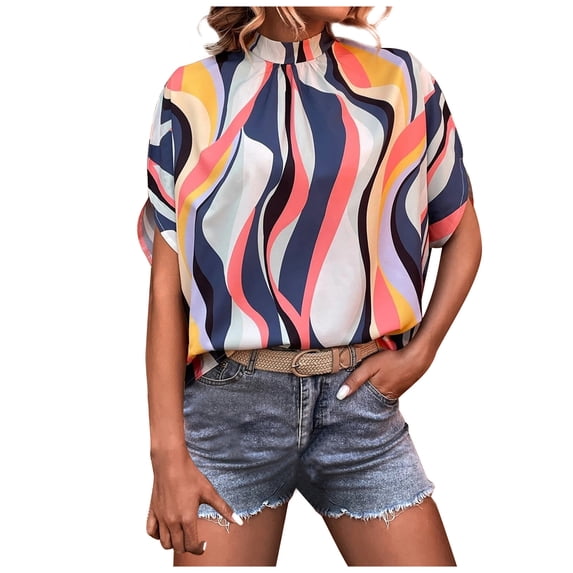 RYRJJ Women Mock Neck Batwing Short Sleeve Summer Tops 2023 Summer Loose High Low Hem Casual Drape Tunic Blouses Shirts(Pink,XL)