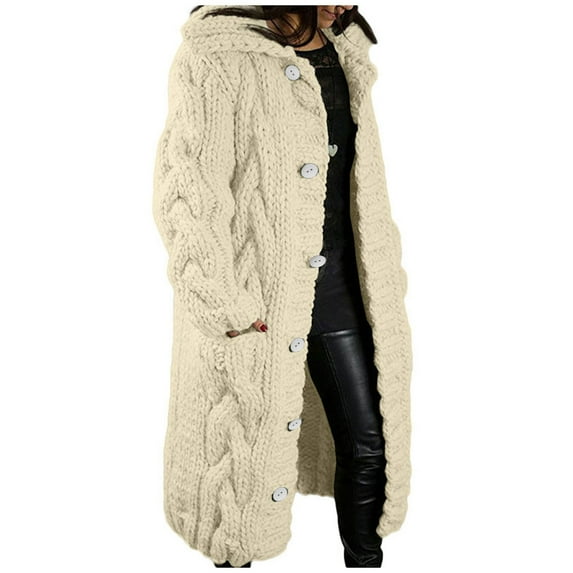 RYRJJ Women Open Front Cardigan Sweater Fall Winter Long Sleeve Lapel Button Down Chunky Cable Knit Long Cardigan Outwear Coat with Pockets Plus Size(Beige,XL)