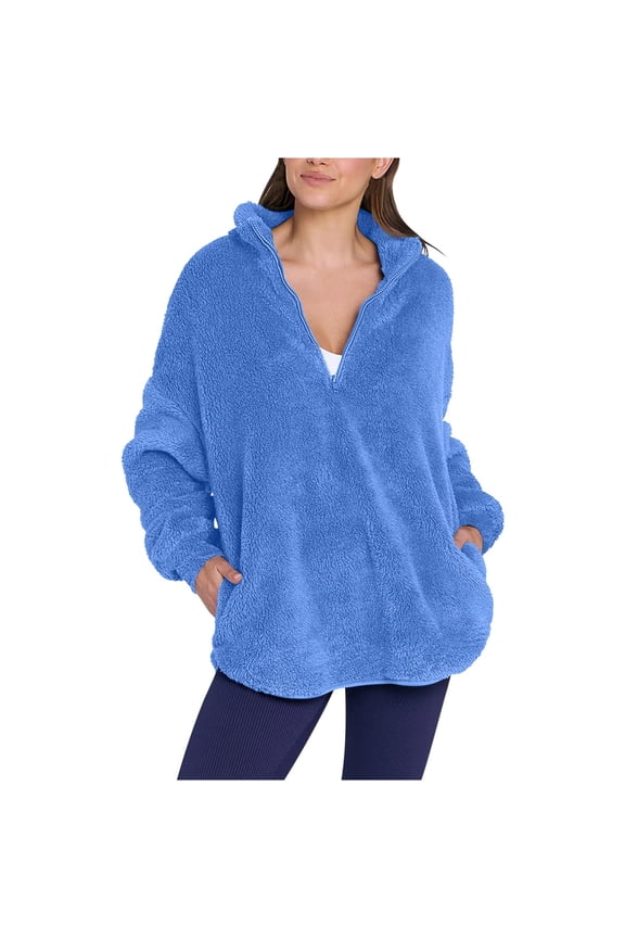 Women Oversized Sherpa Fleece Half Zipper Sweatshirts Fuzzy Collared Quarter Zip Pullover Tops 2024 Fall Winter Clothes(Blue,XXL)