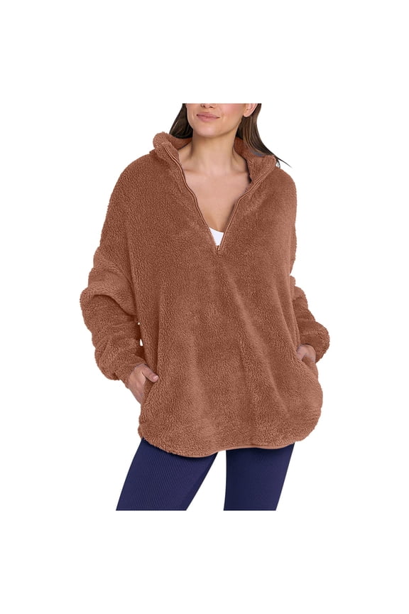 Women Oversized Sherpa Fleece Half Zipper Sweatshirts Fuzzy Collared Quarter Zip Pullover Tops 2024 Fall Winter Clothes(Brown,S)