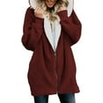 thumbnail image 1 of RYRJJ Women Oversized Sherpa Jackets Plus Size Winter Warm Fuzzy Fleece Hoodies Sweatshirts Full Zip Up Outerwear Coat with Pockets(Wine,M), 1 of 6