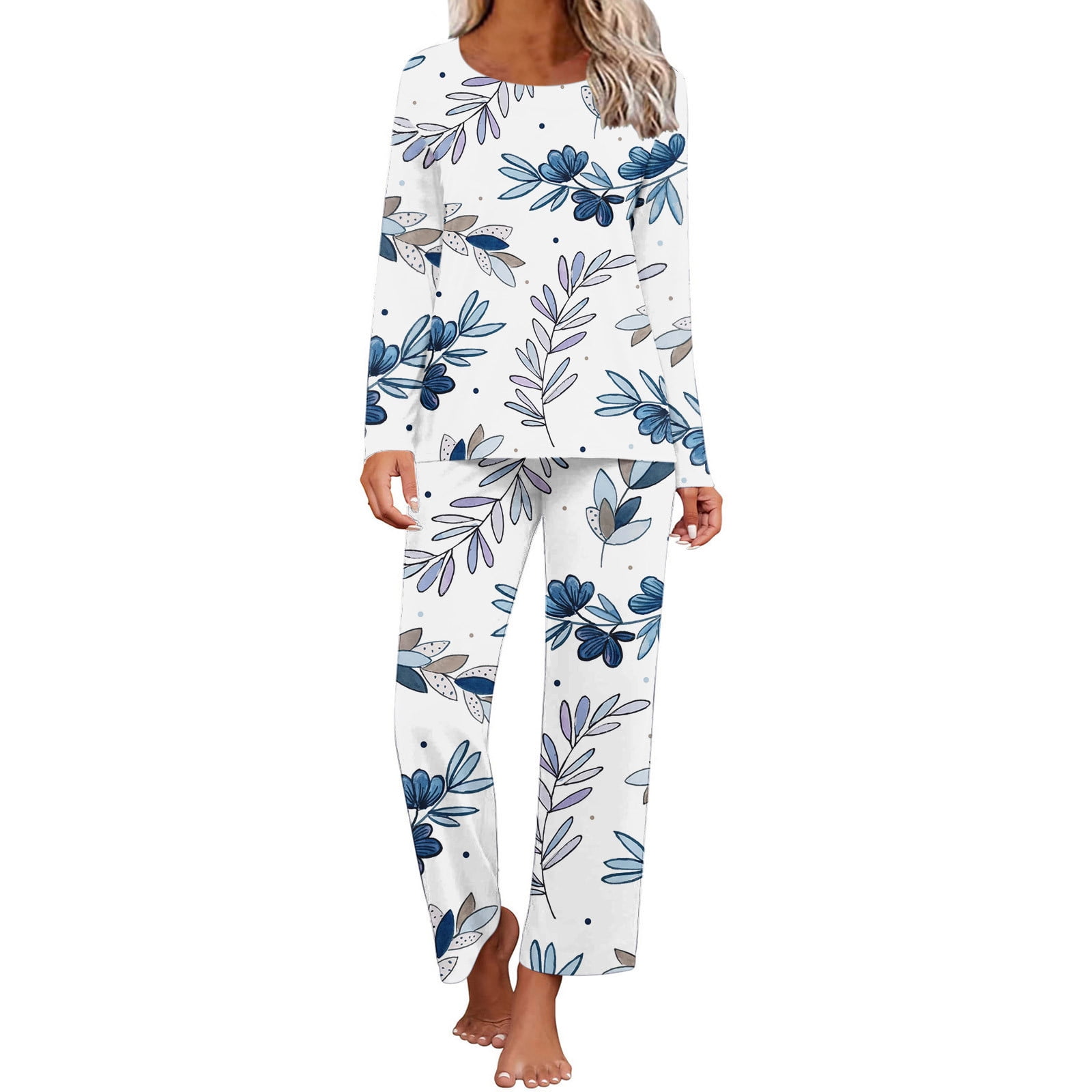 RYRJJ Women Pajama Sets Long Sleeve Crew Neck Sleepwear Top with Capri