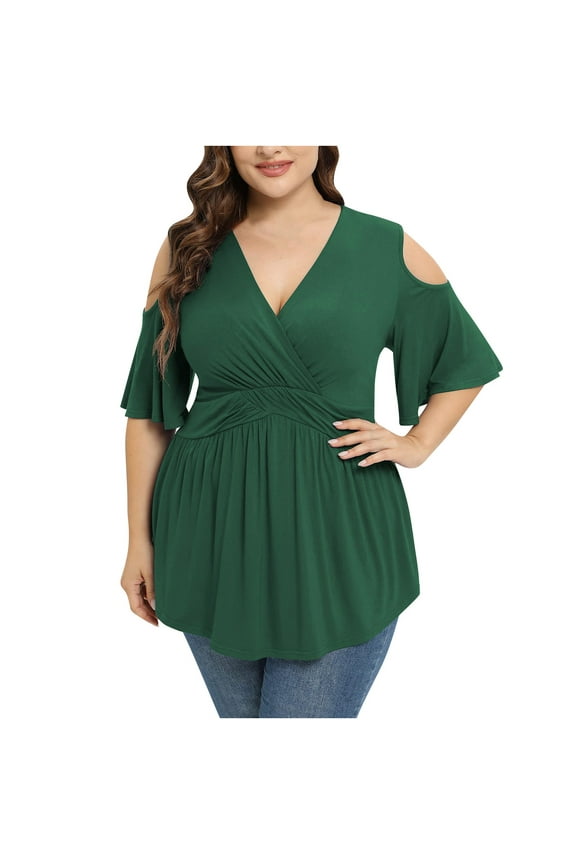 Women Plus Size Tops Summer Wrap V-Neck Short Sleeve Shirt Cold Shoulder Low Cut Peplum Babydoll Tunic Blouse(Army Green,3XL)