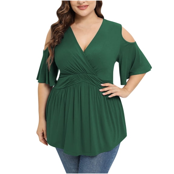 RYRJJ Women Plus Size Tops Summer Wrap V-Neck Short Sleeve Shirt Cold Shoulder Low Cut Peplum Babydoll Tunic Blouse(Army Green,4XL)