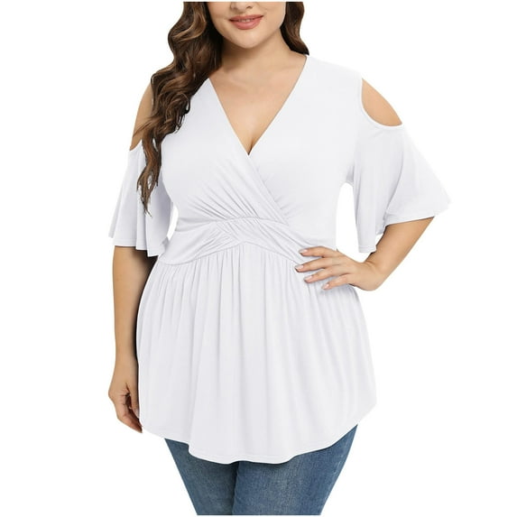RYRJJ Women Plus Size Tops Summer Wrap V-Neck Short Sleeve Shirt Cold Shoulder Low Cut Peplum Babydoll Tunic Blouse(White,3XL)