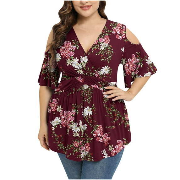 RYRJJ Women Plus Size Tops Summer Wrap V-Neck Short Sleeve Shirt Cold Shoulder Low Cut Peplum Babydoll Tunic Blouse(Wine,5XL)
