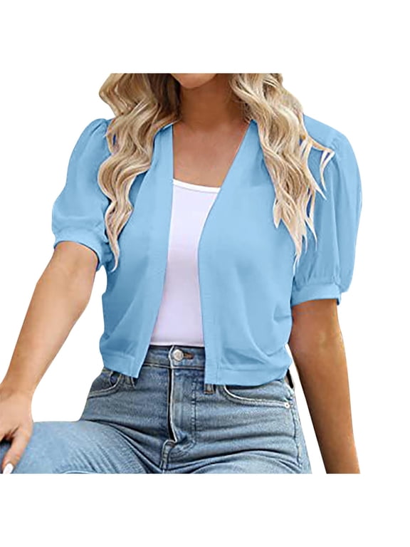 Women Puff Sleeve Bolero Shrug Shawl Short Sleeve Open Front Chiffon Summer Cropped Sheer Jackets Cardigan Tops for Evening Dress(Light Blue,L)