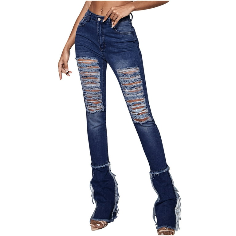 RYRJJ Women Skinny Bell Bottom Jeans Button High Waist Ripped Flared Jean  Destroyed Raw Hem Flare Denim Pants(Dark Blue,XS) 