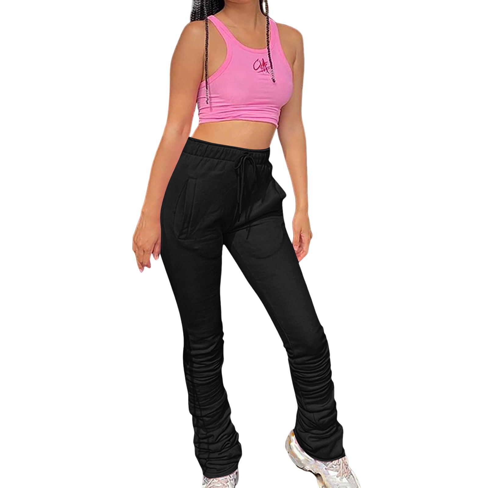 RYRJJ Women Stacked Pants Sherpa Lined Sweatpants Winter Thicked Warm Jogging Casual Ruched Workout Active Jogger Fleece Pants Black M Walmart