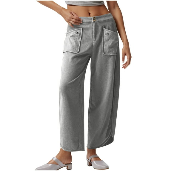 RYRJJ Women Stretch Cropped Pants Wide Straight Leg Pants with Front Pocket Trendy Double Button Casual Ankle Trousers(Gray,M)