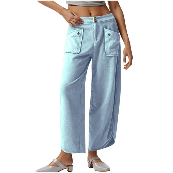 RYRJJ Women Stretch Cropped Pants Wide Straight Leg Pants with Front Pocket Trendy Double Button Casual Ankle Trousers(Light Blue,S)