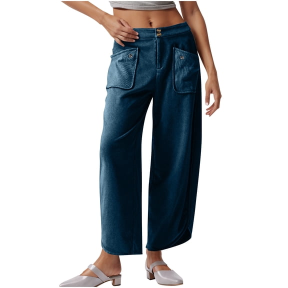 RYRJJ Women Stretch Cropped Pants Wide Straight Leg Pants with Front Pocket Trendy Double Button Casual Ankle Trousers(Navy,L)