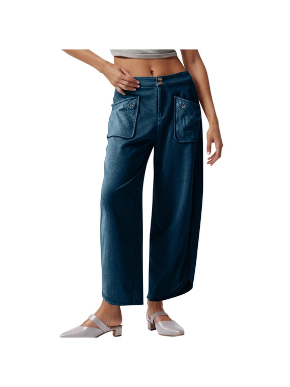 Women Stretch Cropped Pants Wide Straight Leg Pants with Front Pocket Trendy Double Button Casual Ankle Trousers(Navy,L)