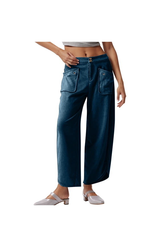 Women Stretch Cropped Pants Wide Straight Leg Pants with Front Pocket Trendy Double Button Casual Ankle Trousers(Navy,L)