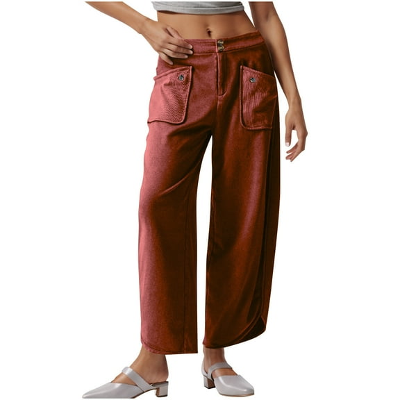 RYRJJ Women Stretch Cropped Pants Wide Straight Leg Pants with Front Pocket Trendy Double Button Casual Ankle Trousers(Wine,S)