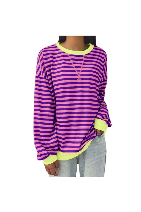 Women Striped Oversized Sweatshirt Color Block Crew Neck Long Sleeve Shirt Casual Pullover Top Fall Plus Size Y2K Clothes