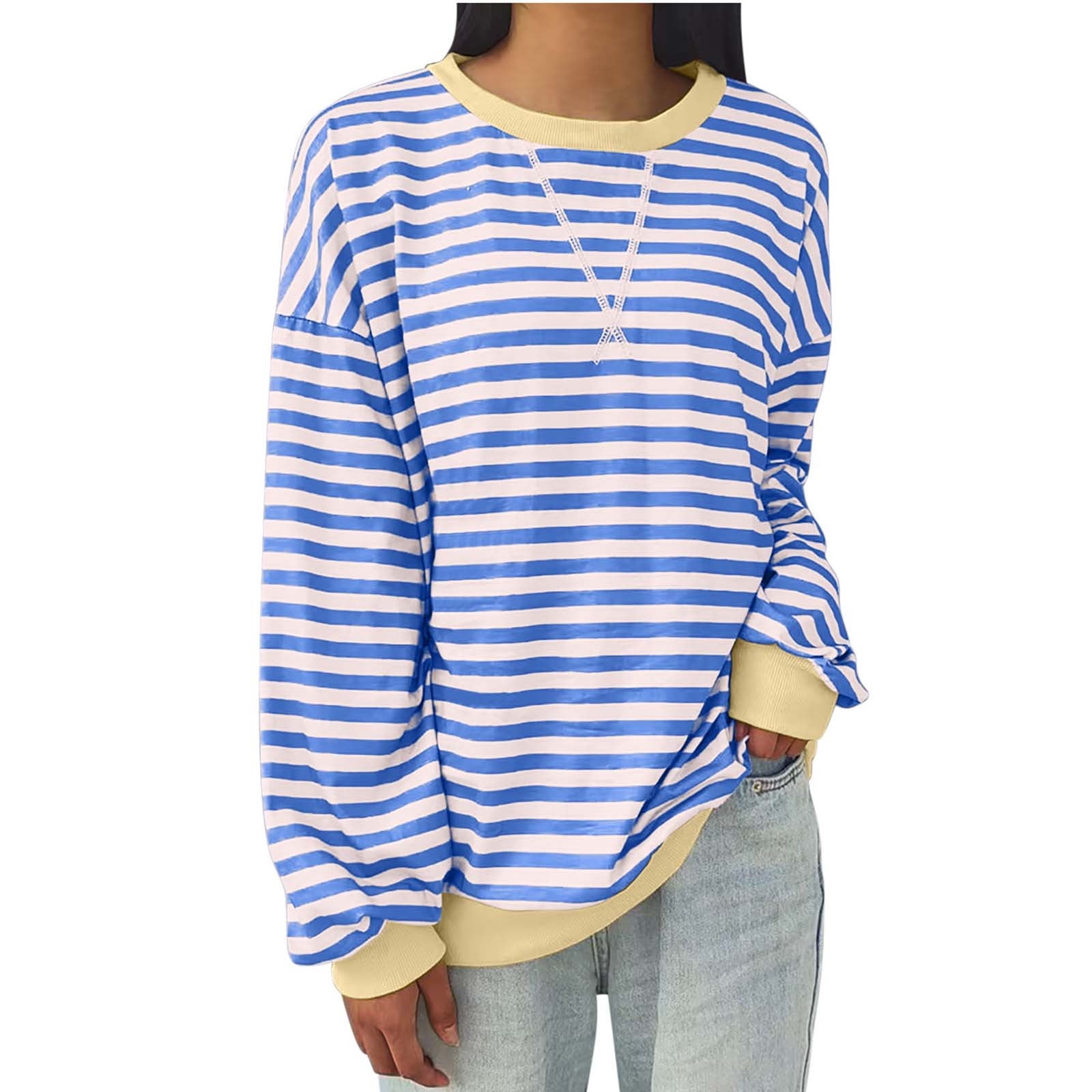 RYRJJ Women Striped Oversized Sweatshirt Color Block Crew Neck Long ryrjj-women-striped-oversized-sweatshirt-color-block-crew-neck-long