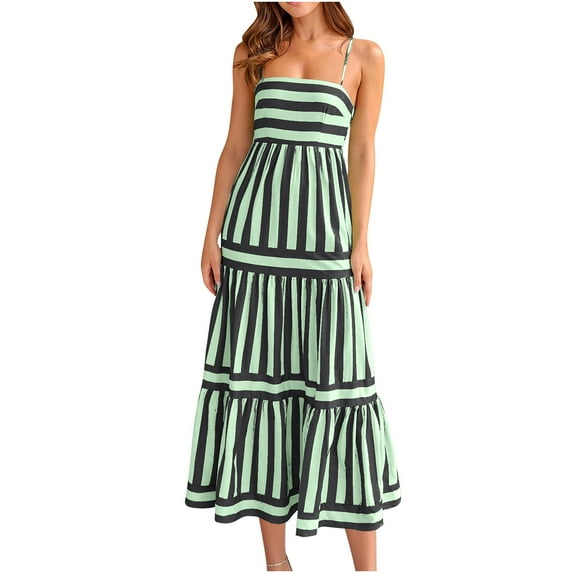 RYRJJ Women Striped Sleeveless Maxi Dress Swing Aline Midi Dress Backless Smocked Spaghetti Strap Boho Flowy Sundress(Black,S)
