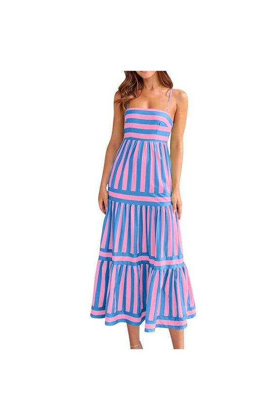 Women Striped Sleeveless Maxi Dress Swing Aline Midi Dress Backless Smocked Spaghetti Strap Boho Flowy Sundress(Pink,S)