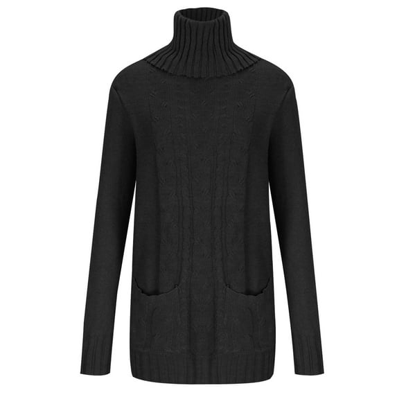 RYRJJ Women Trendy Casual Turtleneck Sweater Long Sleeve Slouchy Cable Knit Tunic Sweaters Lightweight Pullover Jumper Tops with Pockets(Black,S)