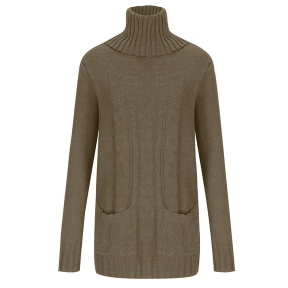 RYRJJ Women Trendy Casual Turtleneck Sweater Long Sleeve Slouchy Cable Knit Tunic Sweaters Lightweight Pullover Jumper Tops with Pockets(Khaki,L)