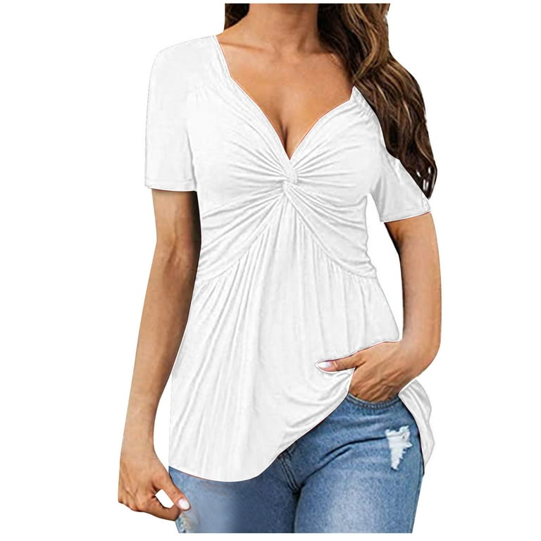 RYRJJ Women Twist Front Deep V-Neck Blouse Shirt Short Sleeve Elegant  Casual T-Shirt Loose Flowy Solid Color Tunic Tops White XXL 