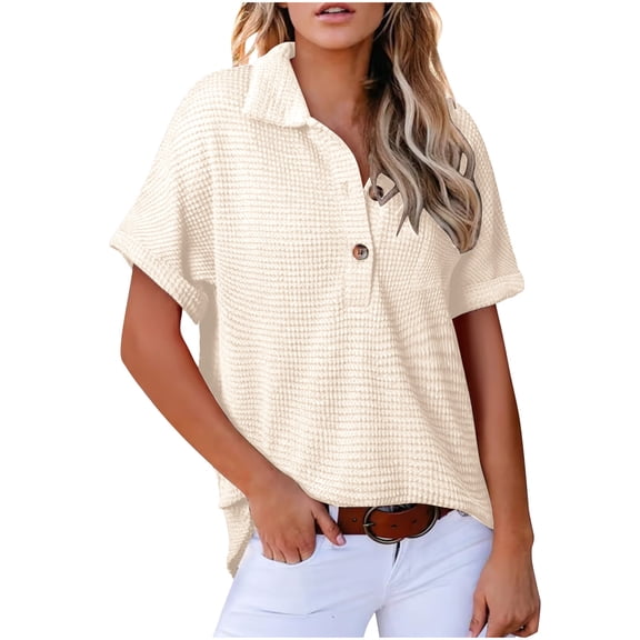 RYRJJ Women Waffle Knit Tops Henley Shirts Short Sleeve Button V Neck Solid Color Casual Tunic Summer Blouses(Beige,L)