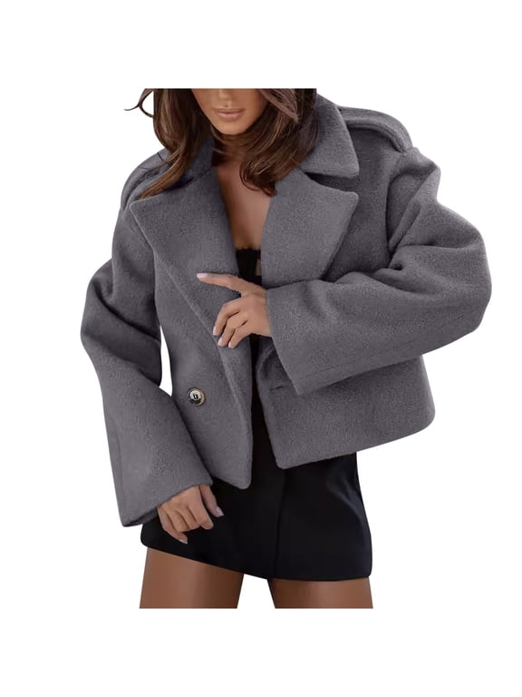 Women Warm Pea Coat Notched Lapel Neck Cropped Single Breasted Trench Overcoat Office Work Short Jackets Outwear with Pockets(Gray,XL)