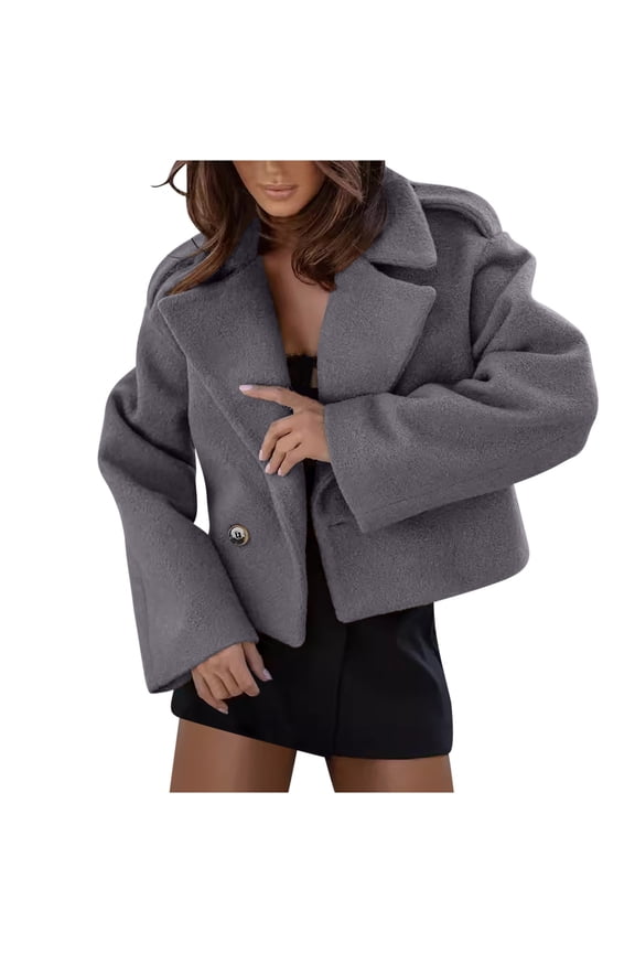 Women Warm Pea Coat Notched Lapel Neck Cropped Single Breasted Trench Overcoat Office Work Short Jackets Outwear with Pockets(Gray,M)