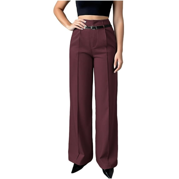 RYRJJ Women Wide Leg Dress Pants High Waisted Slacks Pleated Business Casual Office Palazzo Work Pants Pockets Trousers with Belt(Wine,M)
