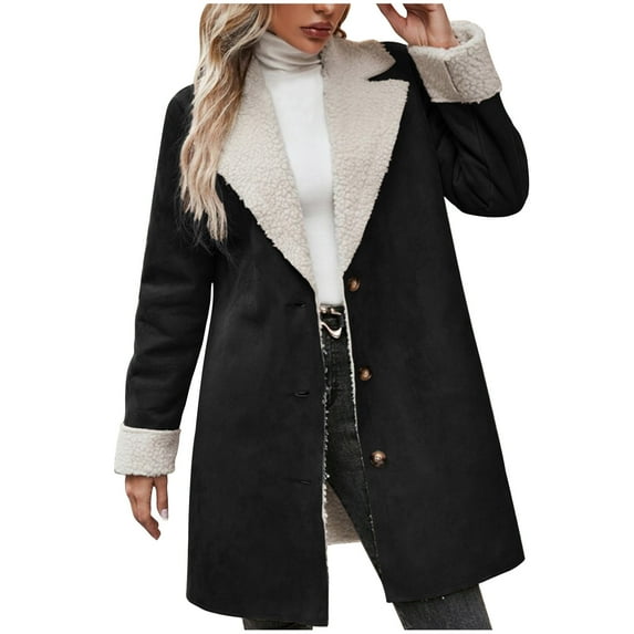 RYRJJ Women Winter Faux Suede Tench Coats Vintage Fleece Sherpa Lined Jacket Notch Lapel Pockets Thick Warm Fashion Outerwear(Black,M)
