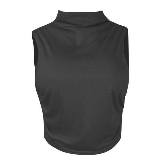 RYRJJ Women Workout Mock Neck Ruched Crop Tank Top Casual Turtleneck Sleeveless Slim Fitted Cropped Tops Athletic Yoga Running(Black,L)
