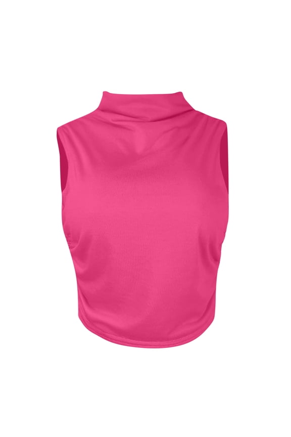 Women Workout Mock Neck Ruched Crop Tank Top Casual Turtleneck Sleeveless Slim Fitted Cropped Tops Athletic Yoga Running(Hot Pink,L)