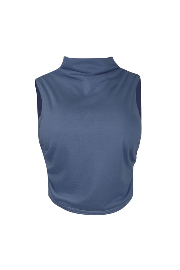 Women Workout Mock Neck Ruched Crop Tank Top Casual Turtleneck Sleeveless Slim Fitted Cropped Tops Athletic Yoga Running(Navy,L)