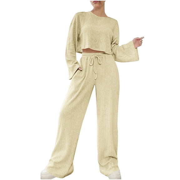 RYRJJ Women's 2 Piece Outfits Pajamas Set Casual Long Sleeve Knit Pullover Cropped Top and Wide Leg Pants Sweatsuit Lounge Sets(Beige,S)