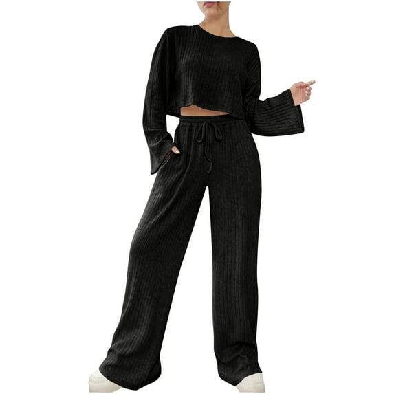 RYRJJ Women's 2 Piece Outfits Pajamas Set Casual Long Sleeve Knit Pullover Cropped Top and Wide Leg Pants Sweatsuit Lounge Sets(Black,L)