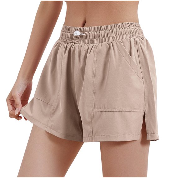 RYRJJ Women's 2 in 1 Running Shorts for Gym Yoga Workout Athletic Liner Shorts High-Waisted Shorts with Pockets(Khaki,XL)