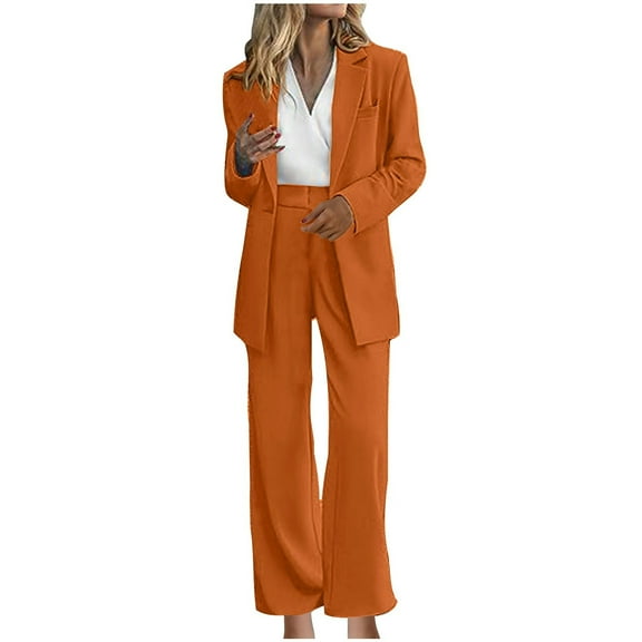 RYRJJ Women's Fall 2 Piece Blazer Outfits Business Casual Long Notch Collar Blazer Jackets and Dressy Wide Leg Work Pant Suits Sets with Pockets(Yellow,S)