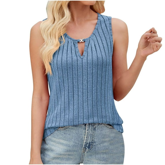 RYRJJ Women's Ribbed Tank Tops Knit Cutout Crew Neck Sleeveless Work Shirts Summer Casual Basic Tanks(Blue,XXL)
