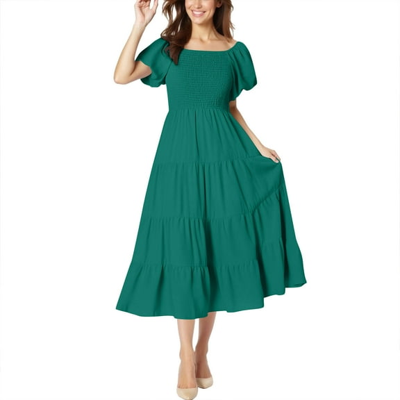 RYRJJ Women's Summer Casual Midi Dress Puffy Short Sleeve Square Neck Smocked Tiered Ruffle A-Line Dresses(Green,L)