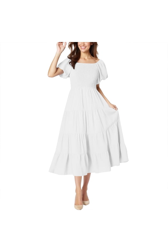 Women's Summer Casual Midi Dress Puffy Short Sleeve Square Neck Smocked Tiered Ruffle A-Line Dresses(White,S)