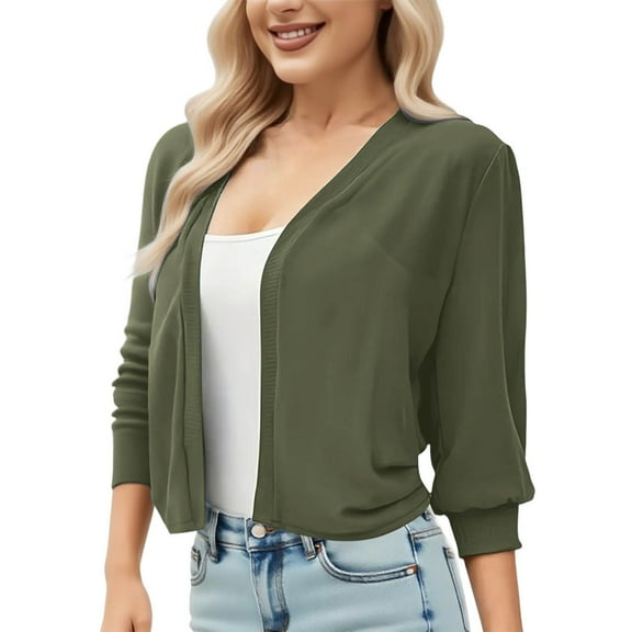 RYRJJ Women's 3/4 Sleeve Cropped Cardigan Lightweight Open Front Shrug Bolero Dressy Chiffon Cardigans for Dress(Army Green,L)