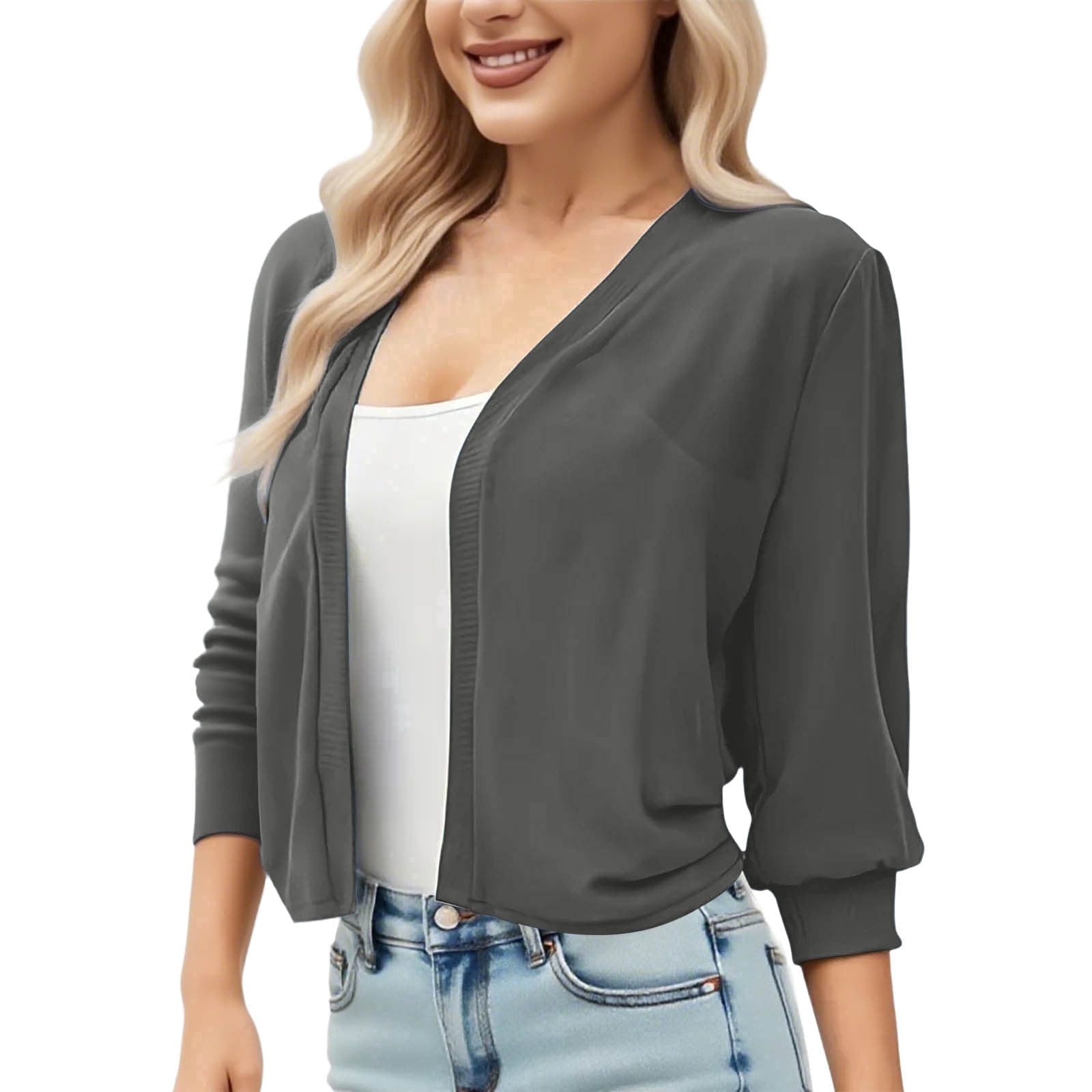 RYRJJ Women's 3/4 Sleeve Cropped Cardigan Lightweight Open Front