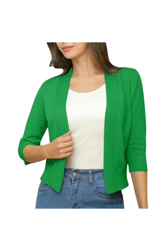 Women's 3/4 Sleeve Cropped Cardigan Sweater Open Front Short Shrugs Cardigans Fall Fashion Lightweight Knit Sweaters(Green,XXL)