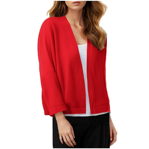 RYRJJ Women's 3/4 Sleeve Sweater Cropped Cardigan Jackets Knit Open Front Short Bolero Shrugs for Dresses Tops Solid Lightweight Soft(Red,L)